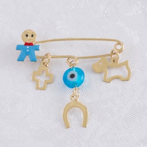 Evil Eye 9K Gold Brooch Pin, Stroller Gold Safety Pin, Evil Eye Protection Pin, NewBorn Boy Amulet, Good Luck Pin, Baby Shower Gold Charm