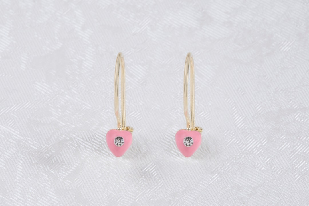 Rose Heart Enamel & Zircon Baby Girl Earrings, 9K Solid Gold Toddlers Earrings, Rose Enamel