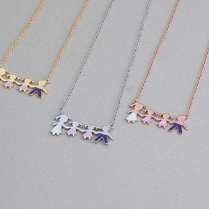 2 Girls, Gold plated, Family Nekclace, Mom Dad 2 Girls, Enamel Figures, 925 Silver Child Necklace, Gift Mom, Custom Gold Charm, Mother&#39;s Day