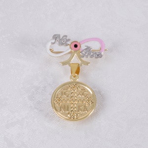 Byzantine Cross Safety Pin,9K Solid Gold ΙϹΧϹ ΝΙΚΑ Constantinato Pendant,Baby Boy Amulet Good Luck Pin, Stroller Protection Jewel, Gold Coin