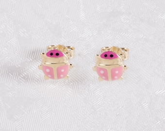 Gold Love Bug Stud Girl Earrings, 9K Solid Gold Hypoallergenic Earrings, Rose White Enamel, Yellow Pure Gold, Little Girl Heart Earrings.