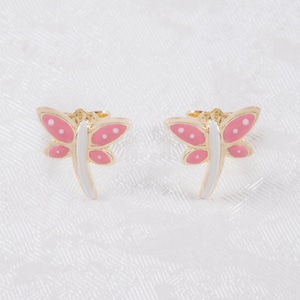 Rose & White Enamel Dragonfly Baby Girl Earrings, 9K Solid Gold Studs Earrings, Dainty Enamel Yellow Gold Earrings, Girl Gold Birthday Gift.