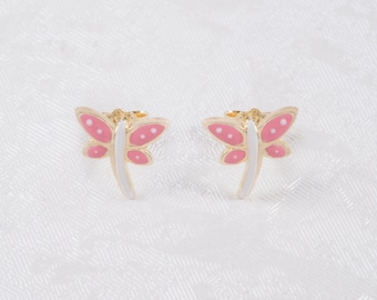 Rose & White Enamel Dragonfly Baby Girl Earrings, 9K Solid Gold Studs Earrings, Dainty Enamel Yellow Gold Earrings, Girl Gold Birthday Gift.