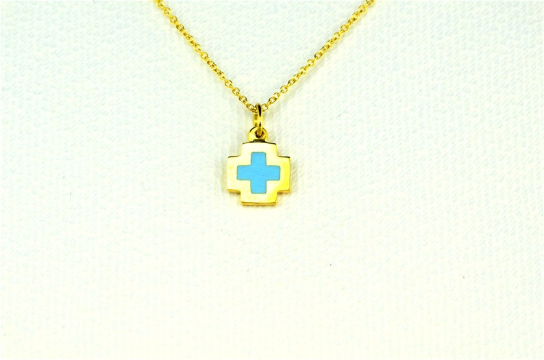 GirlFriend Charm Solid Gold Neclace Pure Yellow Gold Engraved Plate Cross 9K Gold Cross with Enamel Birthday Graduation Gift Under 25