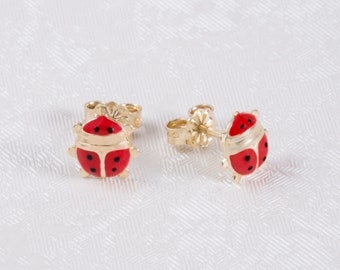 Gold Love Bug & Enamel Stud Girl Earrings, 9K Solid Gold Hypoallergenic Earrings, Red-Black Enamel Yellow Gold, Little Girl Heart Earrings.