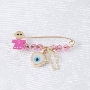 Baby Girl 9K Gold Brooch Pin, Gold Cross Little Girl Evil Eye Rose Zircons, New Born Pin, Good Luck,Protection Gold Pin, Baby Shower Gift