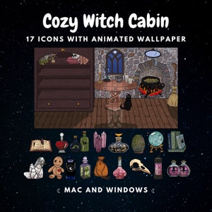 Op de afbeelding: Een digitale illustratie van een knusse heksenhut met een open haard, een ketel, een zwarte kat en een boekenkast. De afbeelding bevat 17 pictogrammen van verschillende heksenvoorwerpen, zoals drankjes, kristallen en een voodoopop. De tekst "Cozy Witch Cabin" en "17 Icons with Animated Wallpaper" wordt bovenaan de afbeelding weergegeven. De tekst "(MAC and WINDOWS) ( wordt onderaan de afbeelding weergegeven.