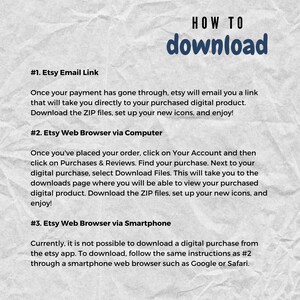 May include: A text-based infographic with a white background and black text explaining how to download digital products purchased on Etsy. The infographic includes three steps: downloading via email link, downloading via web browser on a computer, and downloading via web browser on a smartphone.