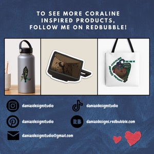 May include: A set of three Coraline-themed products: a water bottle with a green character, a sticker of a television with a creepy figure, and a tote bag with a character from the movie. The tote bag has the text "You are in Other Mother's World" and "Caroline".