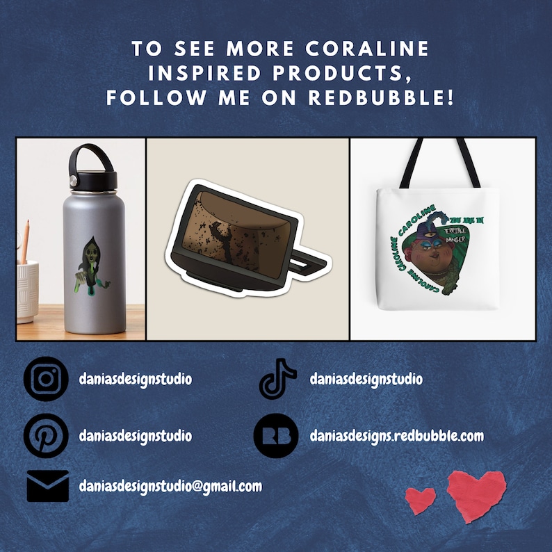 May include: A set of three Coraline-themed products: a water bottle with a green character, a sticker of a television with a creepy figure, and a tote bag with a character from the movie. The tote bag has the text "You are in Other Mother's World" and "Caroline".