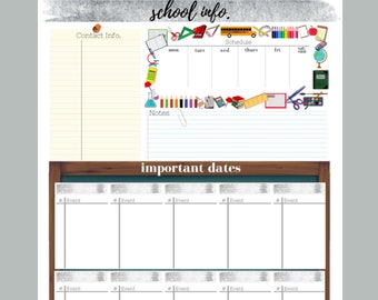 Printable Elementary School Organizer/ Schedule/ Command Centre/ Downloadable/ Contact Information/ Blank Organizer/ Calendar/ PDF Print