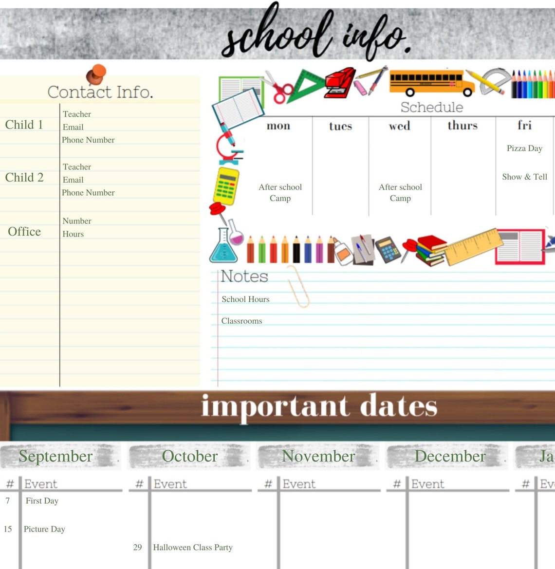 Printable Elementary School Organizer/ Schedule/ Command | Etsy