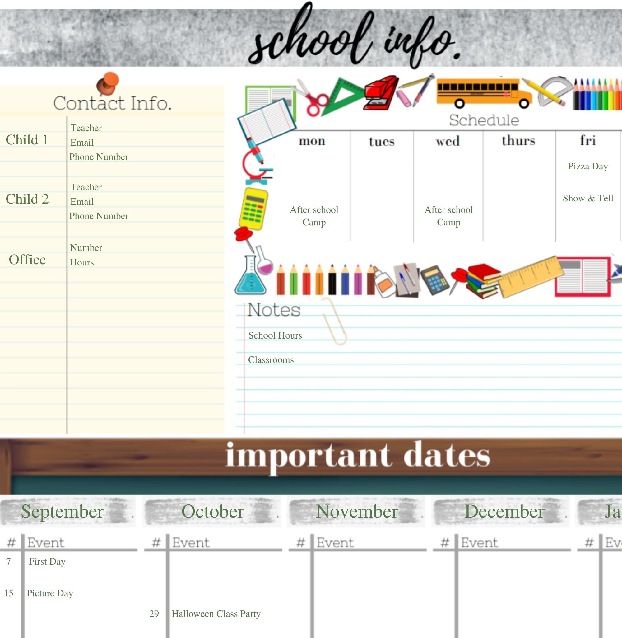 Printable Elementary School Organizer/ Schedule/ Command Centre ...