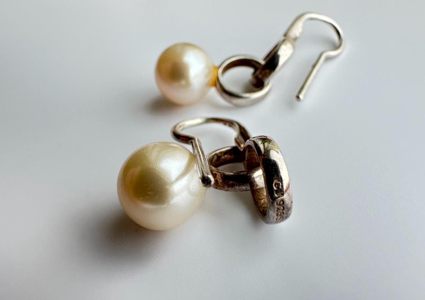 Georg Jensen Sterling Silver Sphere Ear Hooks White Pearl