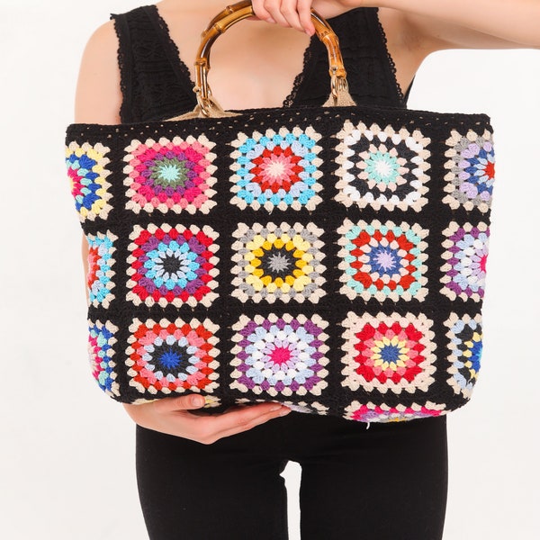 Crochet Bag Bamboo Handle, Granny Square Bag, Crochet Purse, Crochet Tote Bag, Retro Bag, Boho Bag, Summer Bag, Beach Bag, Fast Shipping Dhl