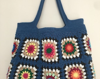 Navy Blue Granny Square Crochet Shoulder Bag, Granny Square Purse, Crochet Bohemian Shoulder Tote, Handmade Black Crochet Tote Bag, Crochet