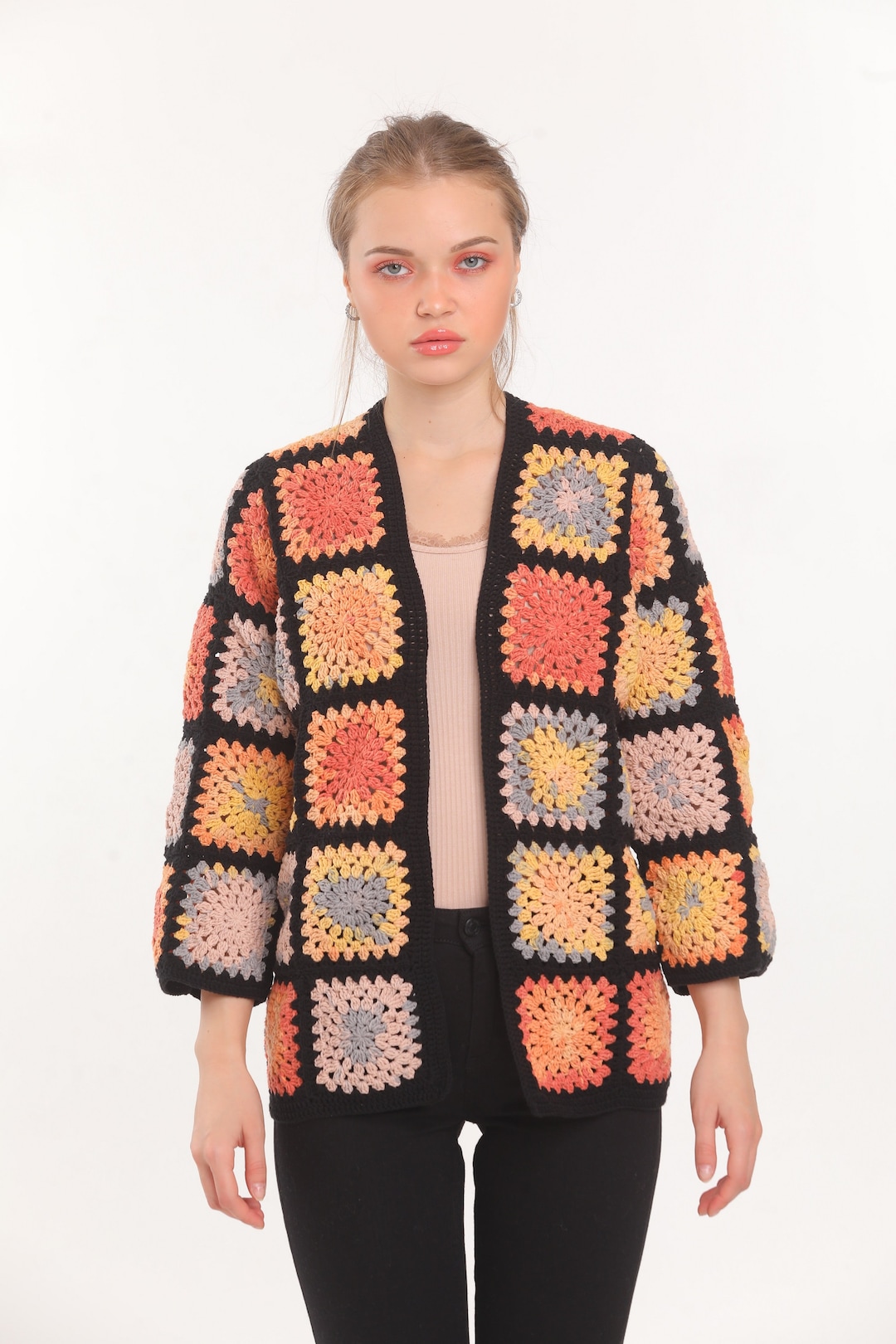 Black Granny Square Cardigan, Crochet Cardigan, Granny Square Jacket