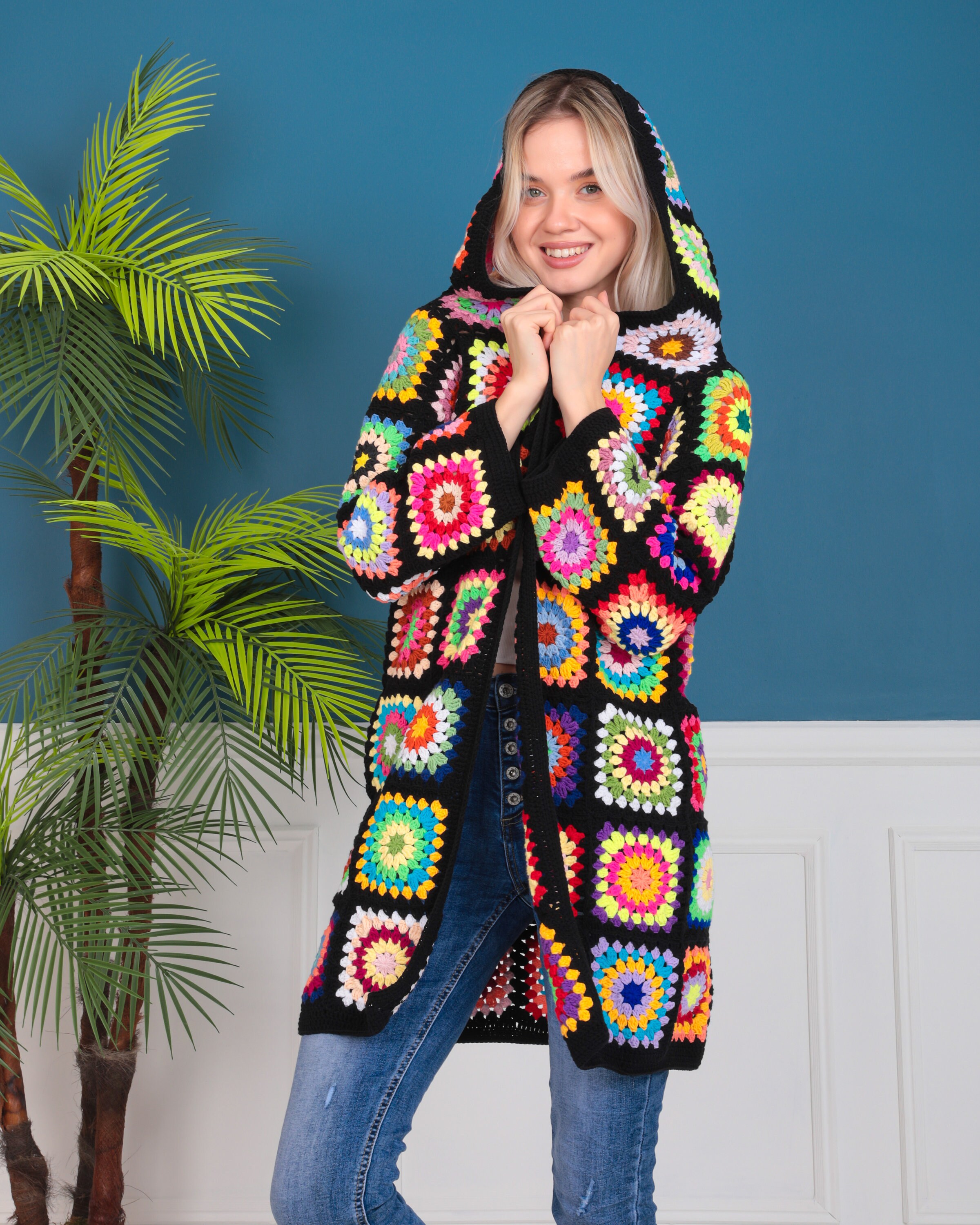 Black Hooded Granny Square Cardigan, Crochet Hoodie Cardigan, Women