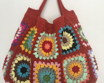 Sac au crochet, sac à main grand-mère carré en brique, sac à main au crochet, sac fourre-tout au crochet, sac rétro, sac hippie, cadeau pour elle, sac bohème, expédition rapide