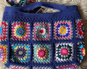 Blue Crochet Tote Bag, Granny Square Crochet Handbag, Beach Bag, Summer Bag, Crochet Hobo Bag, Vintage Style Bag, Boho Bag,Mother's Day Gift