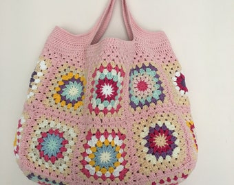 Pink Crochet Bag, Granny Square Bag, Crochet Tote Bag, Retro Bag, Hippie Bag, Summer Bag, Boho Bag, Vintage Style, Fast Shipping