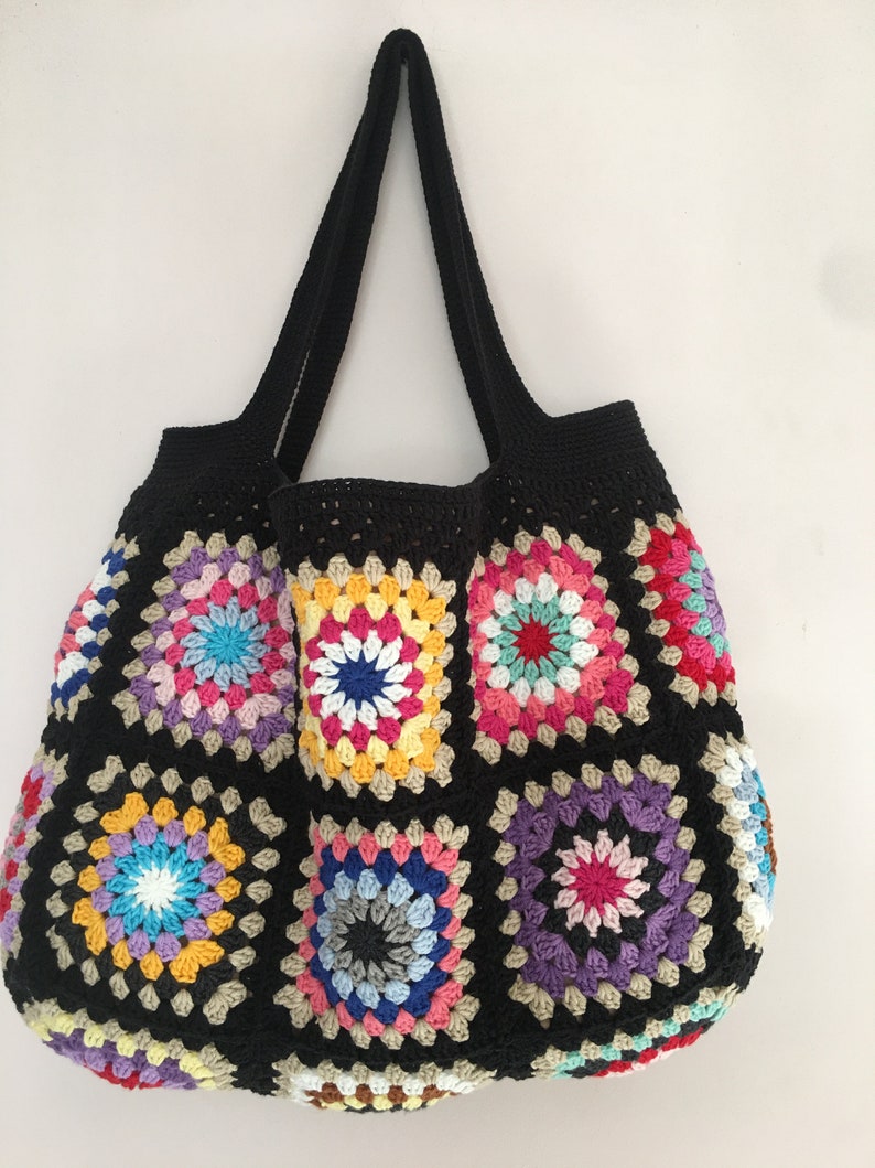 Black Granny Square Bag, Long Handle Crochet Bag, Summer Shoulder Bag
