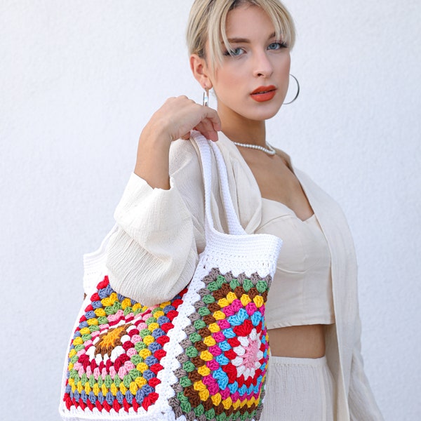 White Granny Square Bag, Gift For Women, Crochet Bag, Boho Bag, Hippie Bag, Tote Bag, Granny Square Purse Bag, Fast shipping Dhl express