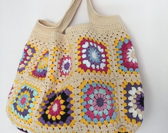 Light Beige Crochet Bag, Granny Square Bag, Crochet Tote Bag, Retro Bag, Hippie Bag, Summer Bag, Boho Bag, Vintage Style, Fast Shipping
