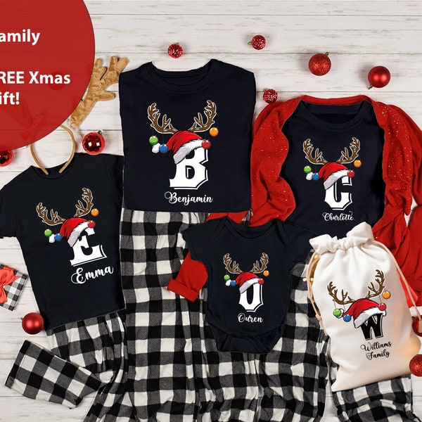 Chemise de Noël pour famille avec monogramme, T-shirt de famille de Noël personnalisé, Chemise de Noël personnalisée avec nom, Cadeau de Noël, Cadeau personnalisé