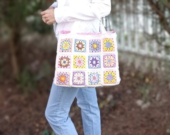 Crochet tote bag, Granny Square market bag, Colorful big crochet bag with lining, Daisy Granny Square Bag, Crochet Boho Bag,Boho chic style