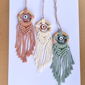 Macrame Car Charm: Handmade Boho Rear View Mirror Hanging with Evil Eye Bead