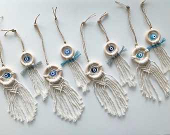 Macrame Car Charm: Handmade Boho Rear View Mirror Hanging with Evil Eye