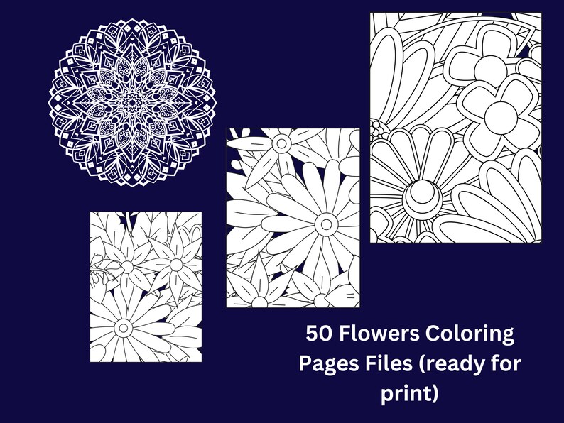 50 Flowers Coloring Pages Files ready for print Adult coloring book Floral coloring book Coloring book for relaxation PDF image 4