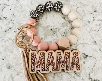 Leopard Mama Keychain: Beaded Wristlet with Tassel / gifts for her / gifts for mom