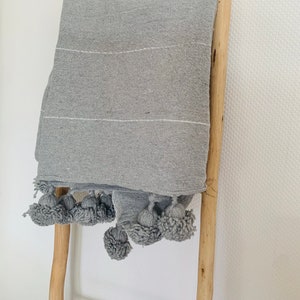 Handwoven pompom blanket approx. 186 x 93 cm in light gray with silver stripes from Morocco | Bed throw bedspread plaid