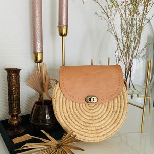 bohemian bag Round basket bag shoulder bag SILA made of raffia with leather beige image 3