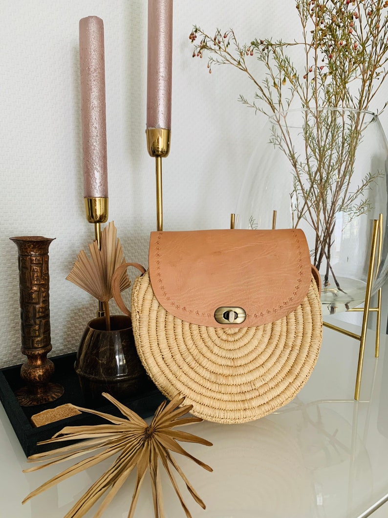 Boho bag | Round basket bag shoulder bag SILA made of raffia with leather (beige) image 3