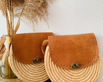 Boho Tasche | Runde Korbtasche Umhängetasche SILA aus Bast mit Leder (braun)