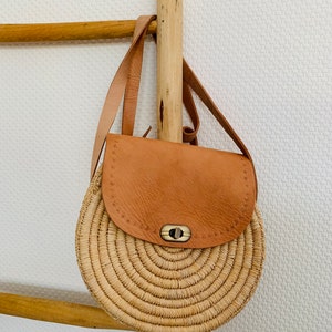 Boho bag | Round basket bag shoulder bag SILA made of raffia with leather (beige) image 5