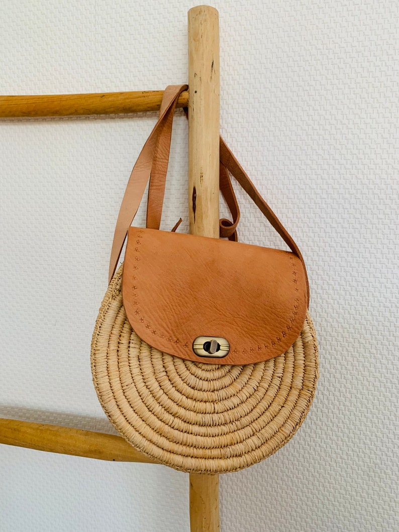 bohemian bag Round basket bag shoulder bag SILA made of raffia with leather beige image 5