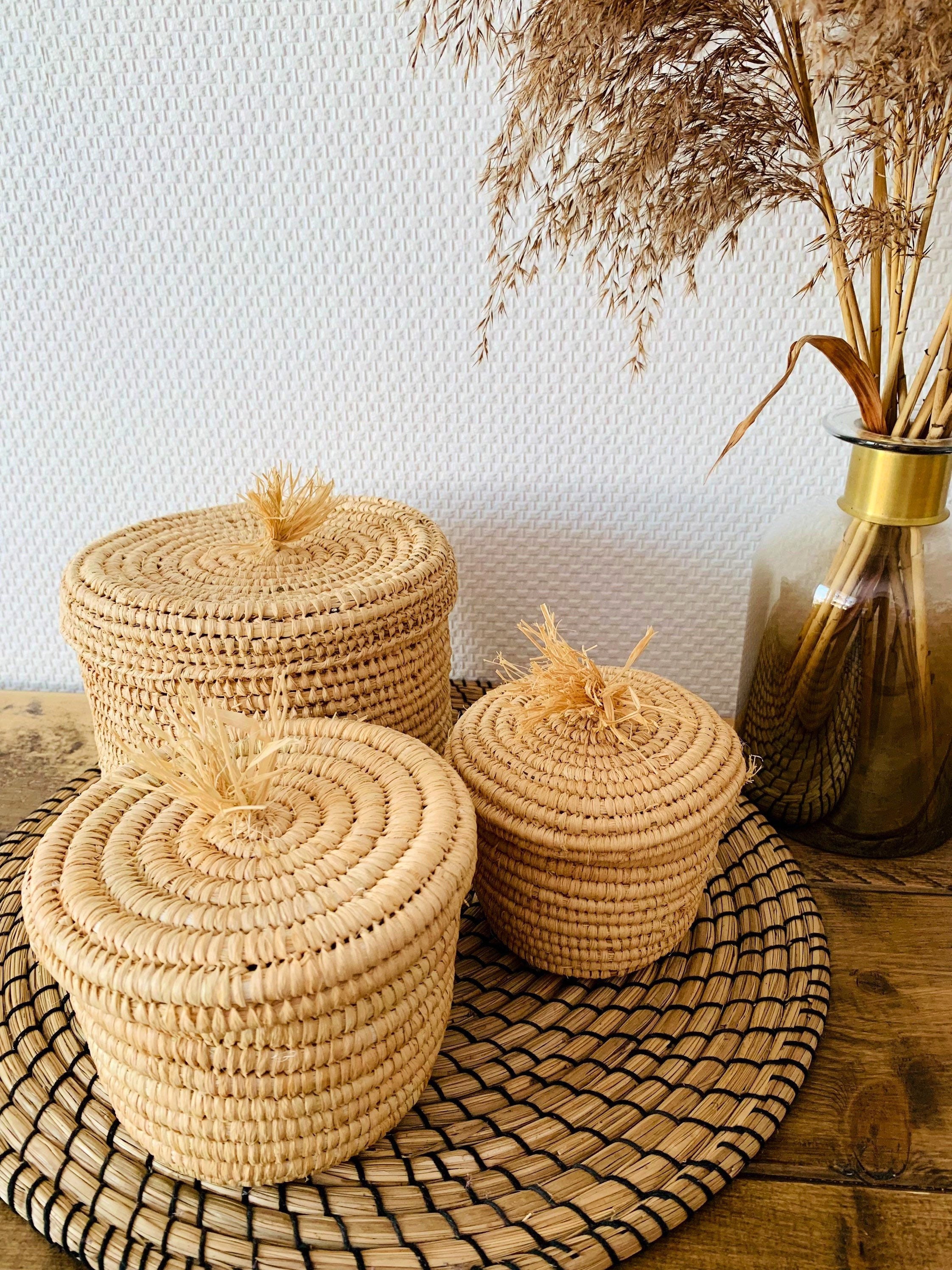 Boho Körbe | Korb mit Deckel Set aus Palmblätter, 3-tlg