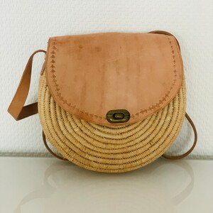 bohemian bag Round basket bag shoulder bag SILA made of raffia with leather beige image 9