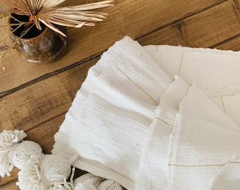 XL hand-woven pompom blanket approx. 250 x 150 cm in white with golf stripes from Morocco | Bedspread bedspread plaid