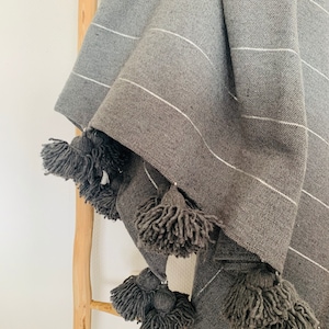 XXL Hand-woven pompom ceiling approx. 280 x 170 cm in dark grey with silver stripes from Morocco |  Bedding bedspread Plaid