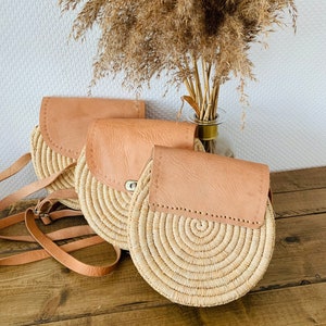 bohemian bag Round basket bag shoulder bag SILA made of raffia with leather beige image 4