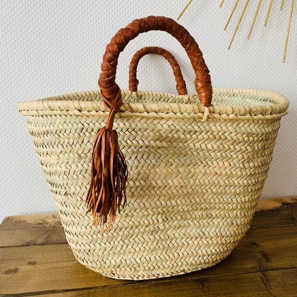 Sac de marché français | Sac panier SALIAH en feuille de palmier tressée avec anse en cuir