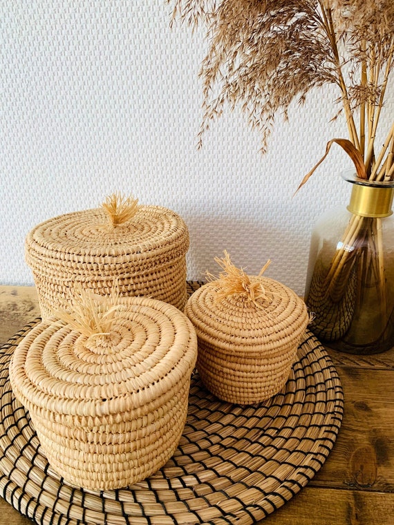 Boho Körbe | Korb mit Deckel Set aus Palmblätter, 3-tlg