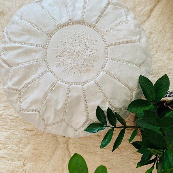 Pouf en cuir marocain | Pouf fait main en cuir - blanc