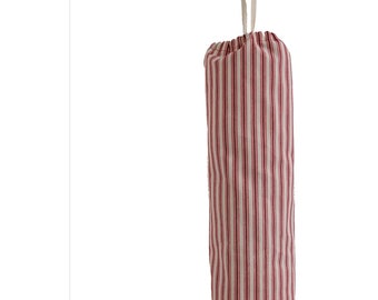 Red Stripe Plastic Bag Holder and Dispenser, Grocery bag storage sock. (Heavy Duty Cotton Canvas)