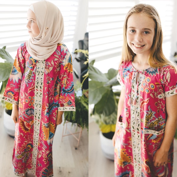 Girls pink paisley print abaya | Islamic dress | hijabi dress | modest gown | jalabiya | Ramadan | Eid abaya | kids abaya